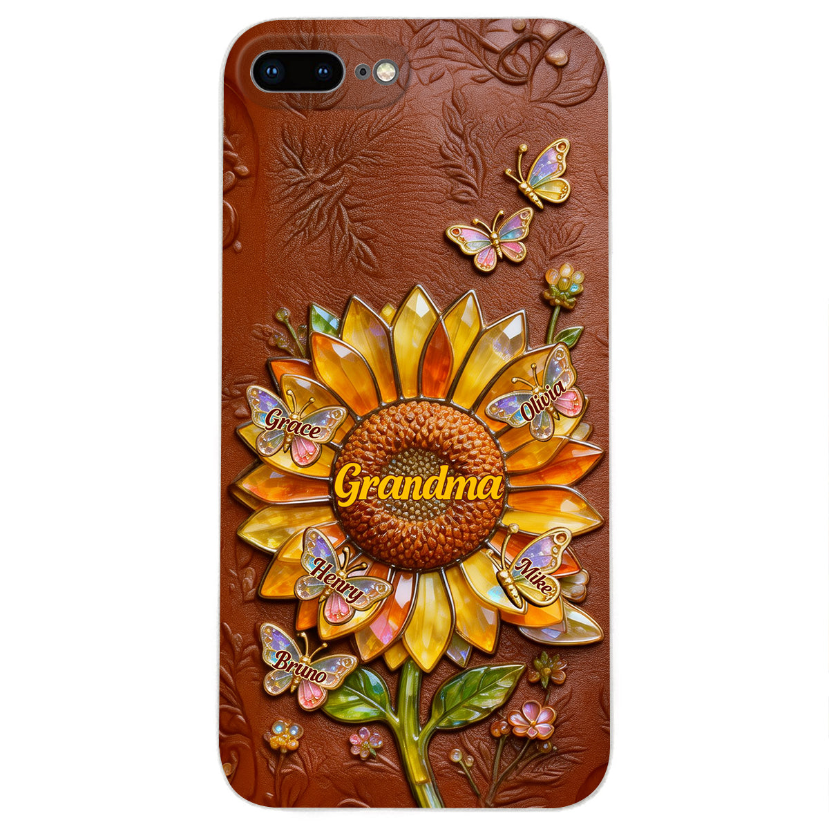 Grandma Sunflower - Personalized Grandma 3D Embossed Leather Phone Case