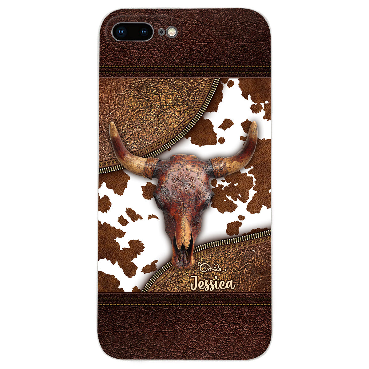Skeleton Bull Skull - Personalized Western Leather Phone Case