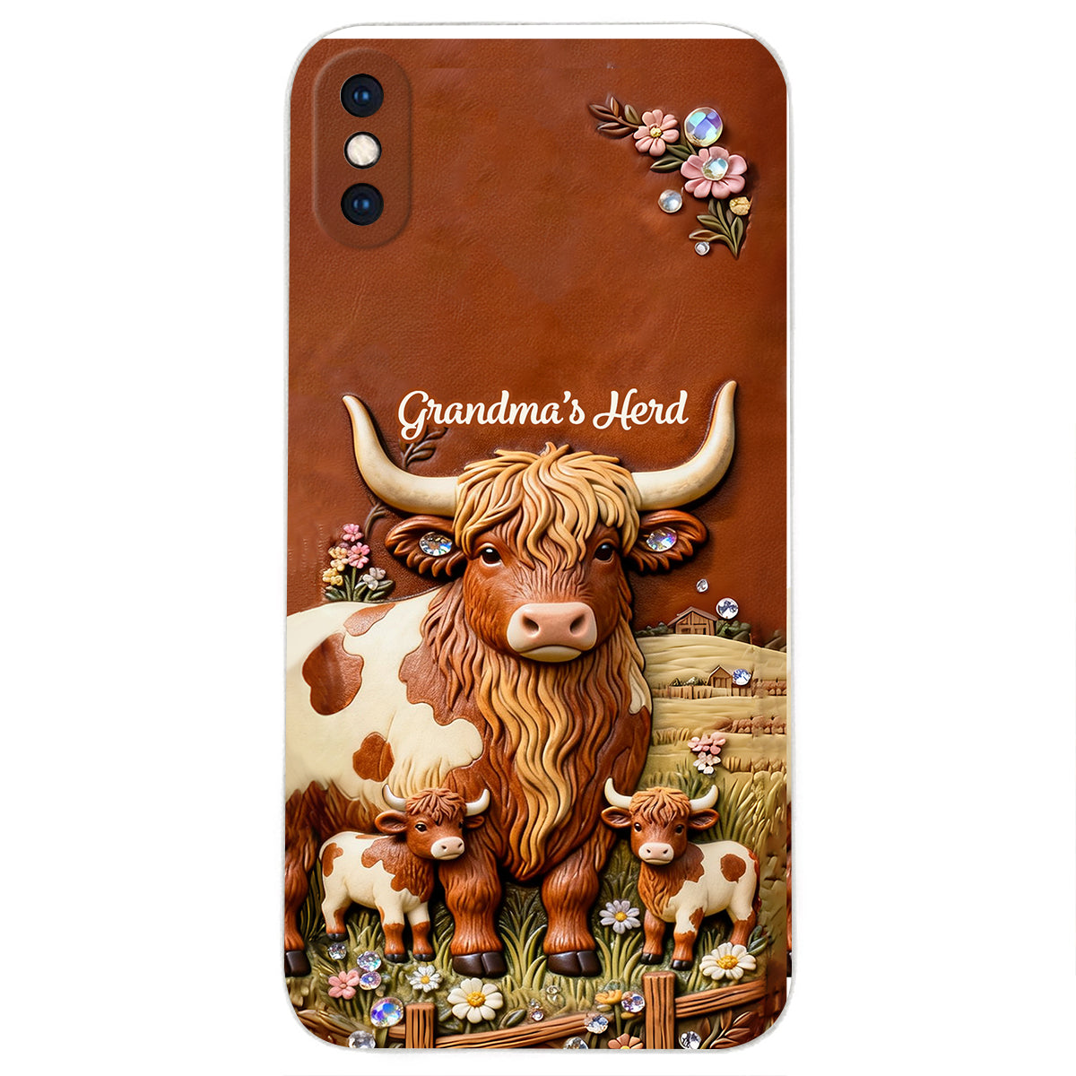 Grandma's Herd - Personalized Highland Cow 3D Embossed Leather Phone Case