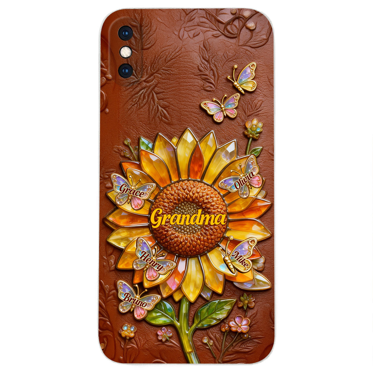Grandma Sunflower - Personalized Grandma 3D Embossed Leather Phone Case