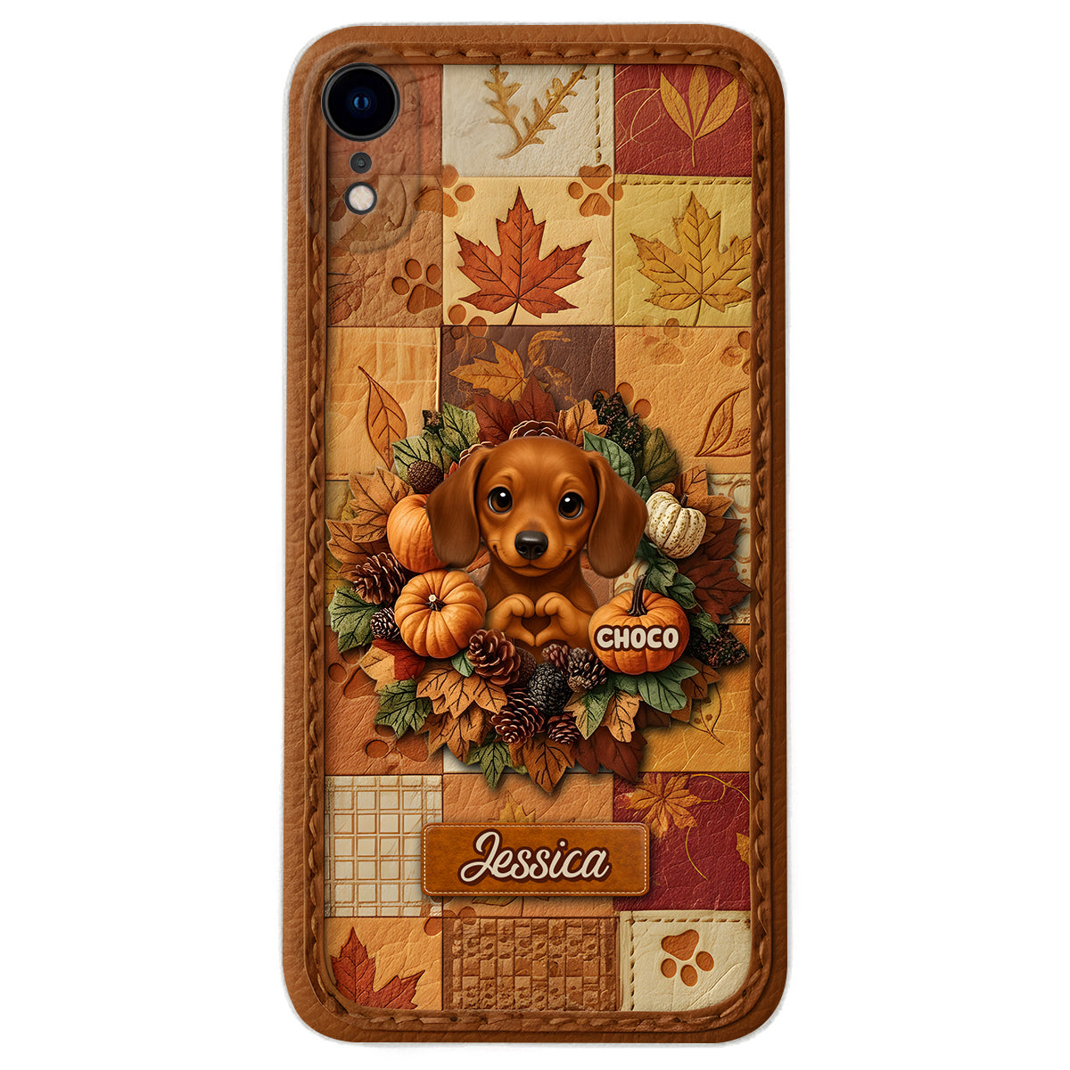 Willkommen Herbst – Personalisierte Handyhülle aus Leder mit Hundemotiv