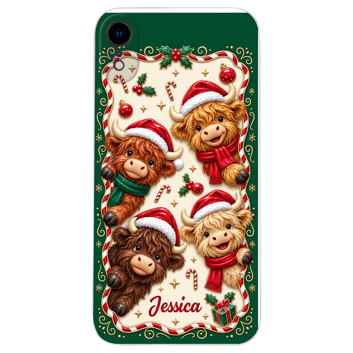Merry Christmas Cute Highland Cows - Personalized Highland Cow 3D Embossed Leather Phone Case