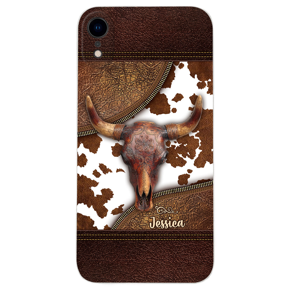 Skeleton Bull Skull - Personalized Western Leather Phone Case