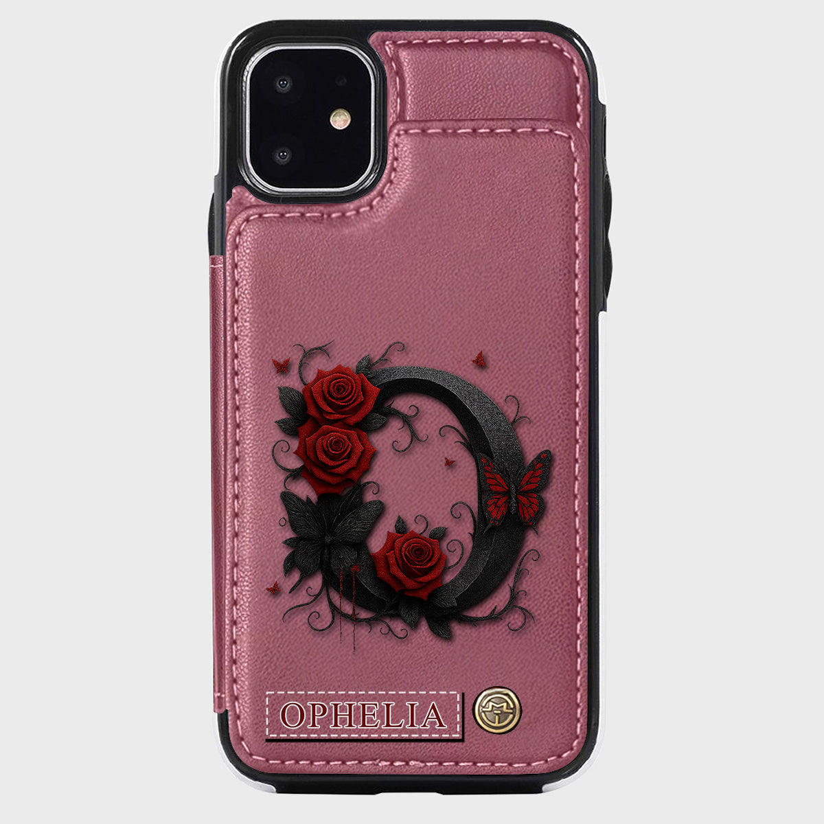 Alphabet Red Rose And Butterflies - Personalized Luxury Wallet Phone Case