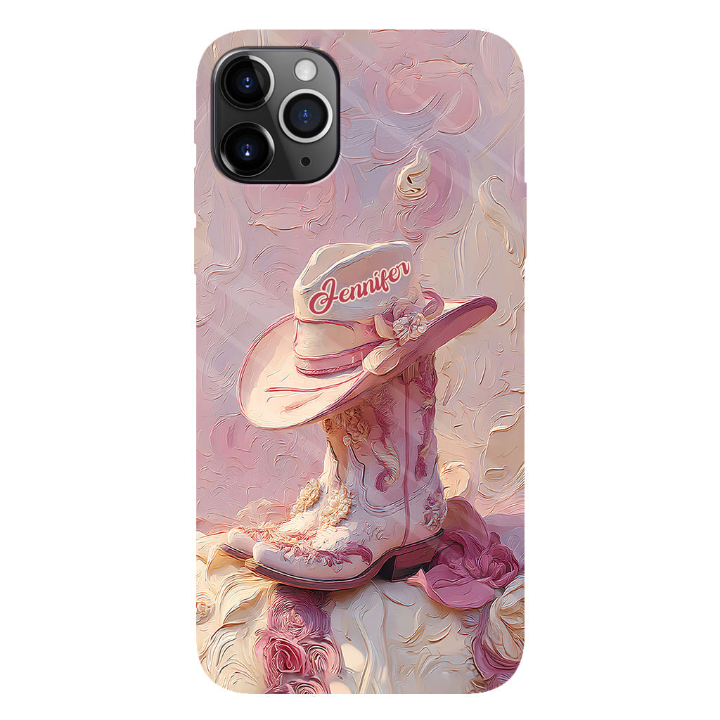 Coque de téléphone et support personnalisés « Cowgirl rose » avec imprimé intégral et support pour téléphone