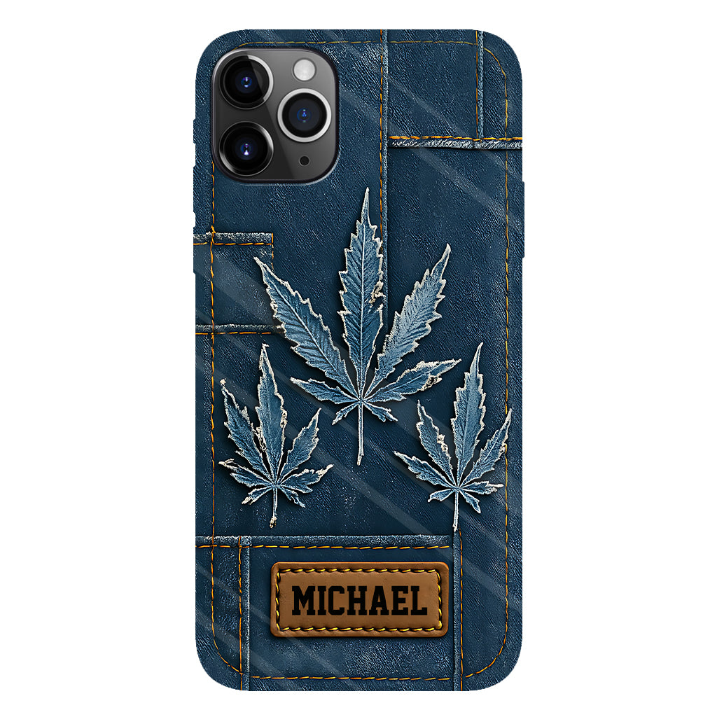 Coque de téléphone personnalisée avec imprimé intégral de marijuana en denim vieilli