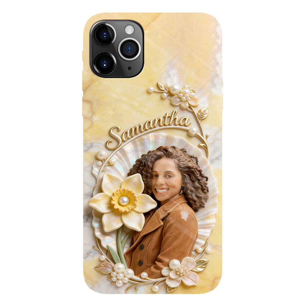 Coque de téléphone personnalisée avec photo et fleur de naissance - Impression intégrale « Amour de soi »