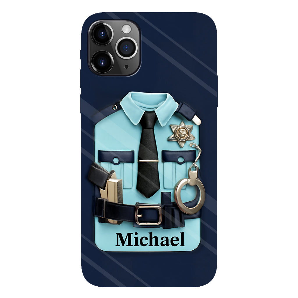 Polizist, Polizeiuniform, Dienstmarke und Handschellen – Personalisierte Handyhülle mit Polizeimotiv und Vollbilddruck