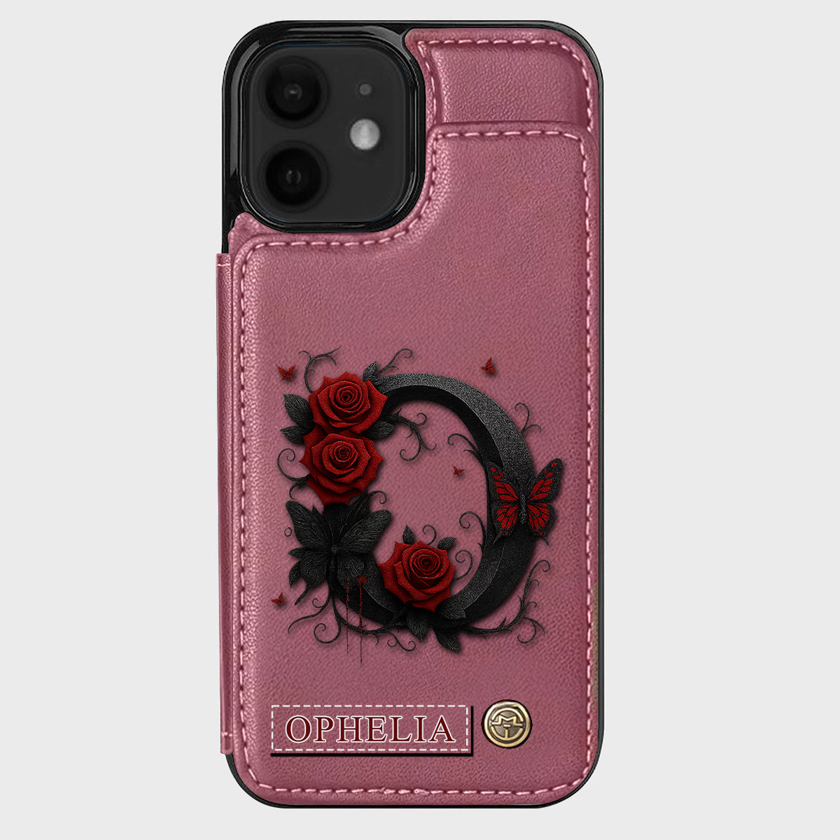 Alphabet Red Rose And Butterflies - Personalized Luxury Wallet Phone Case