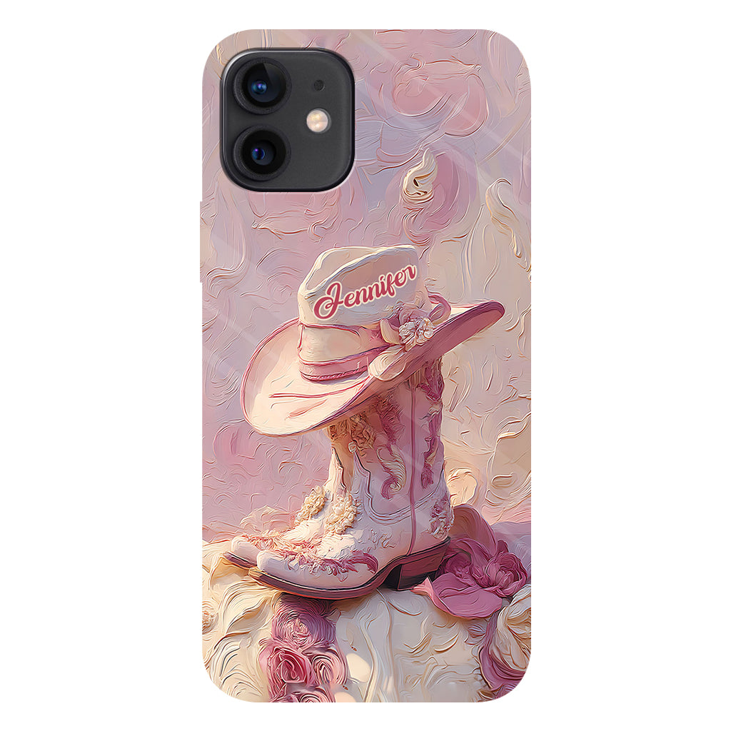 Coque de téléphone et support personnalisés « Cowgirl rose » avec imprimé intégral et support pour téléphone