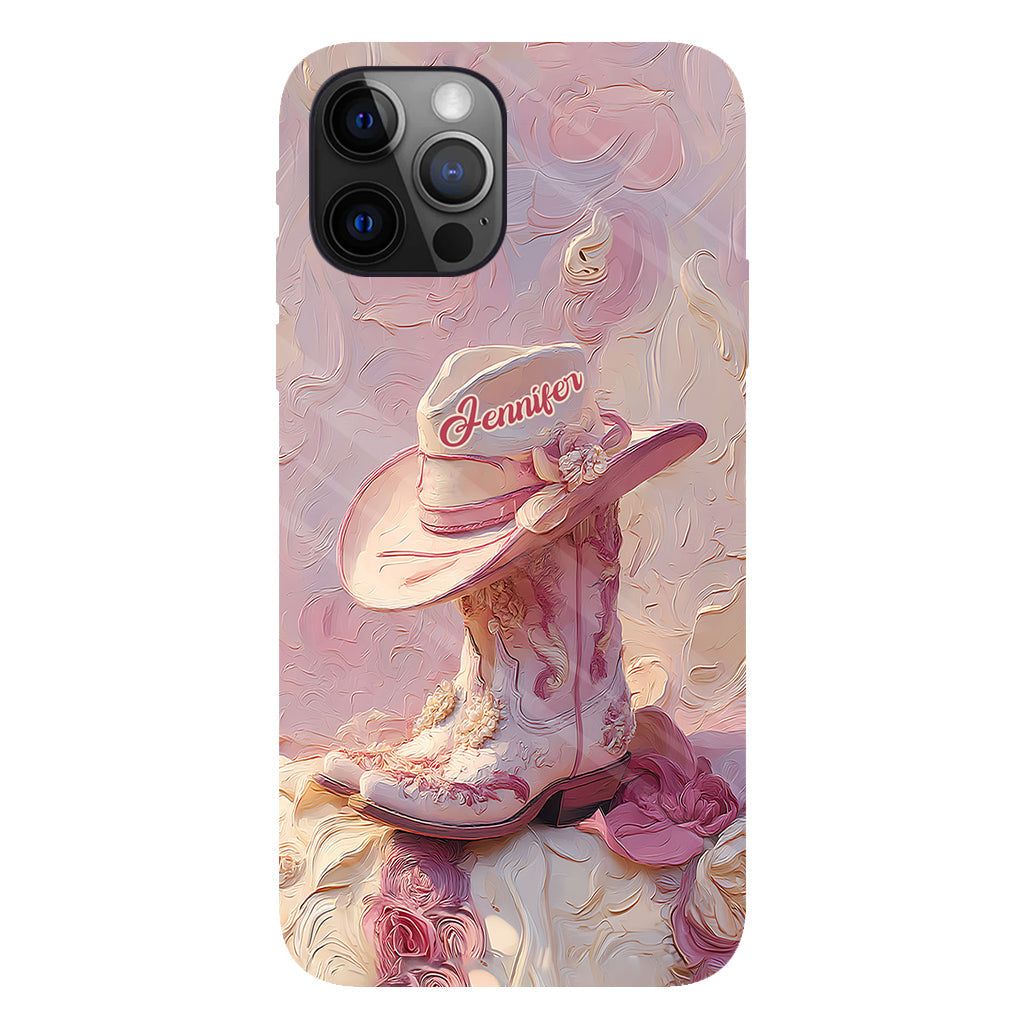 Coque de téléphone et support personnalisés « Cowgirl rose » avec imprimé intégral et support pour téléphone