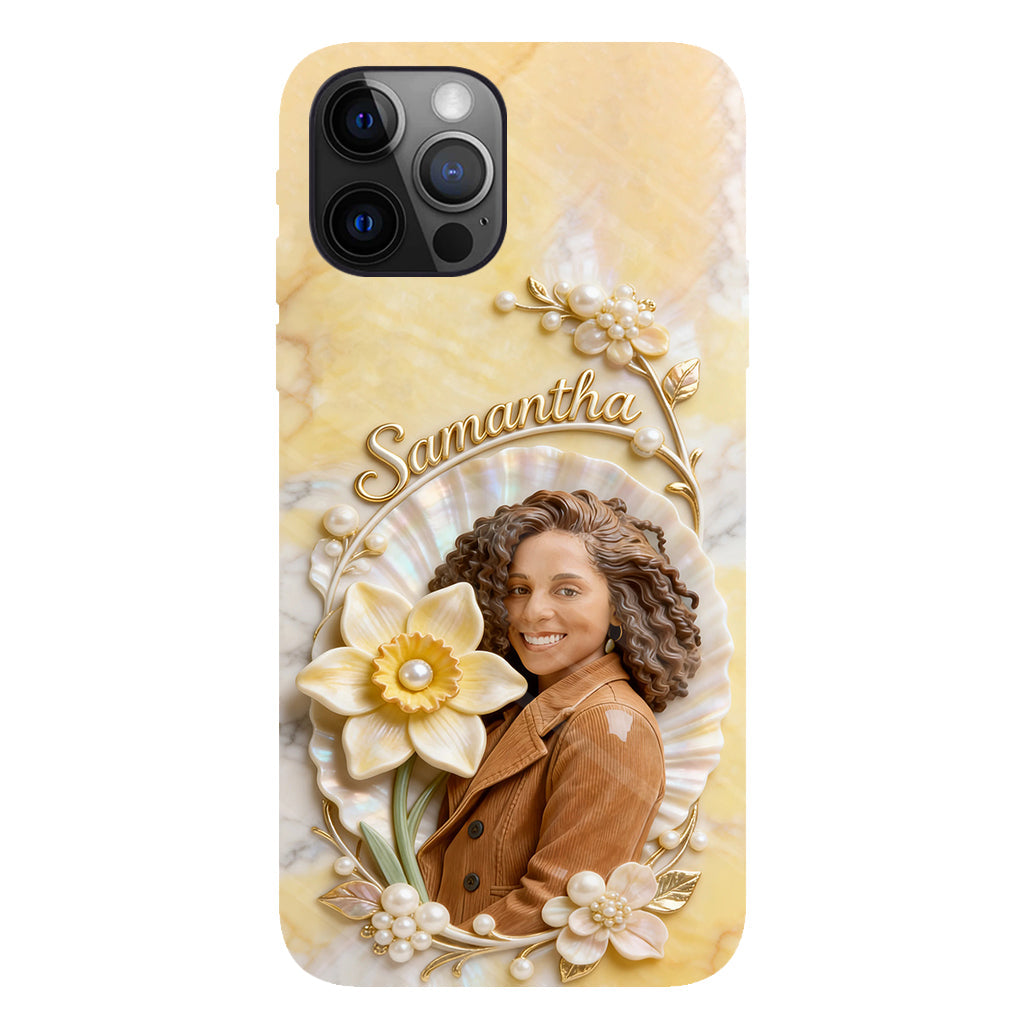 Coque de téléphone personnalisée avec photo et fleur de naissance - Impression intégrale « Amour de soi »