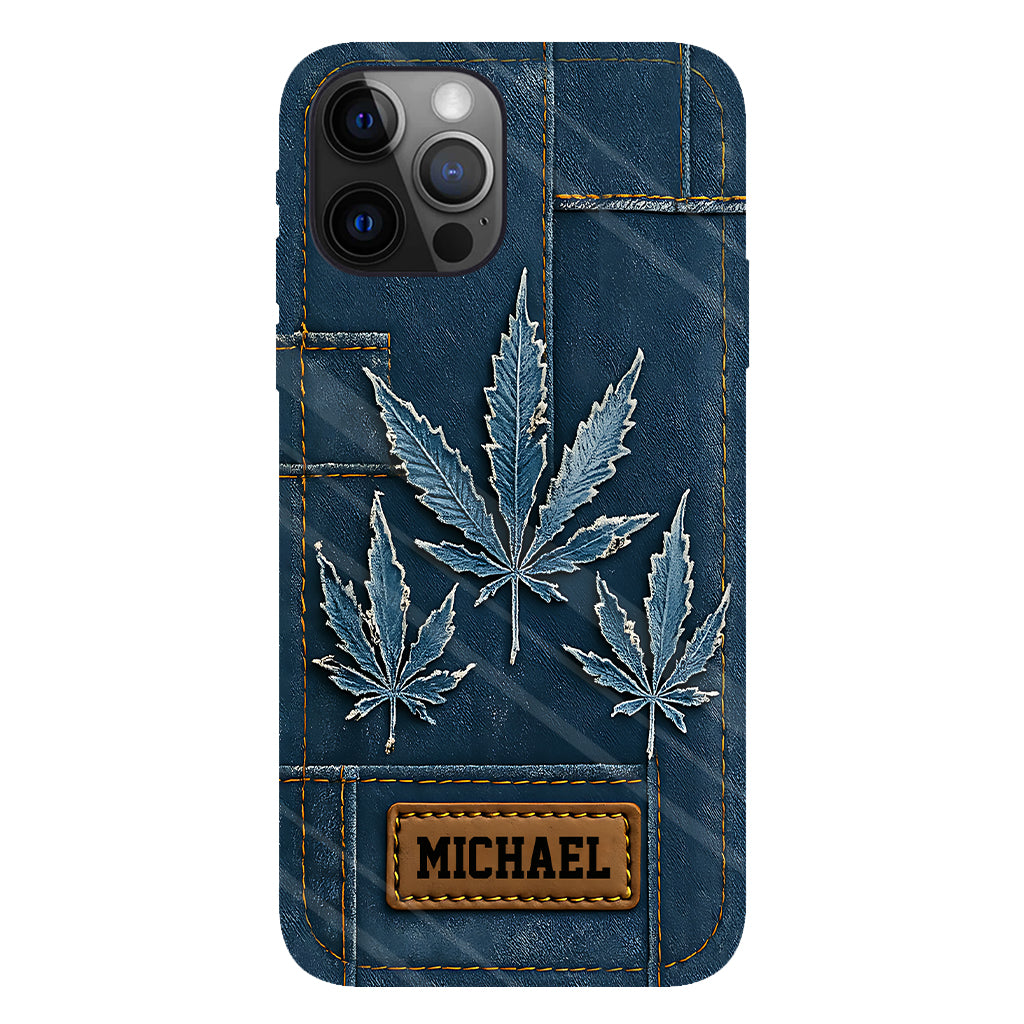 Coque de téléphone personnalisée avec imprimé intégral de marijuana en denim vieilli