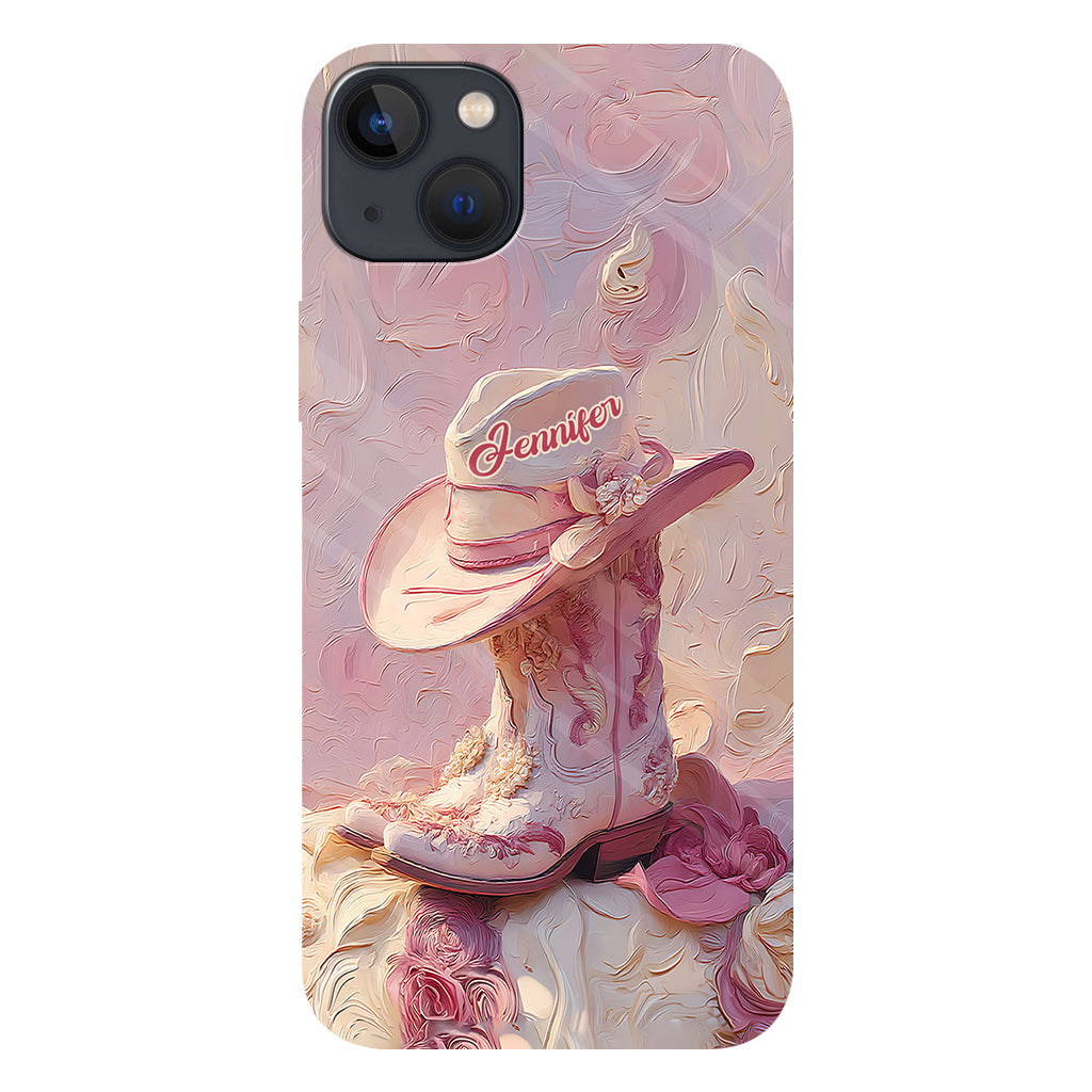 Coque de téléphone et support personnalisés « Cowgirl rose » avec imprimé intégral et support pour téléphone