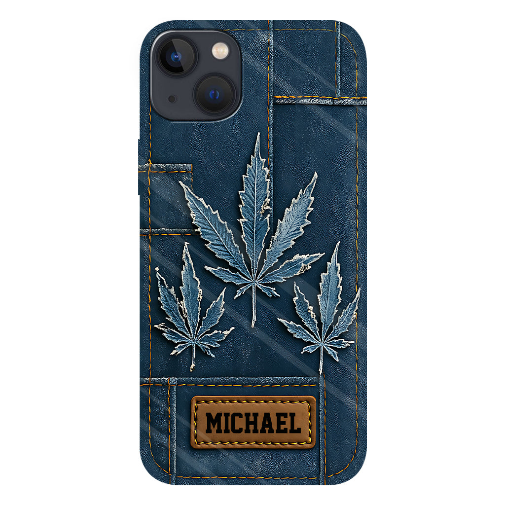 Coque de téléphone personnalisée avec imprimé intégral de marijuana en denim vieilli