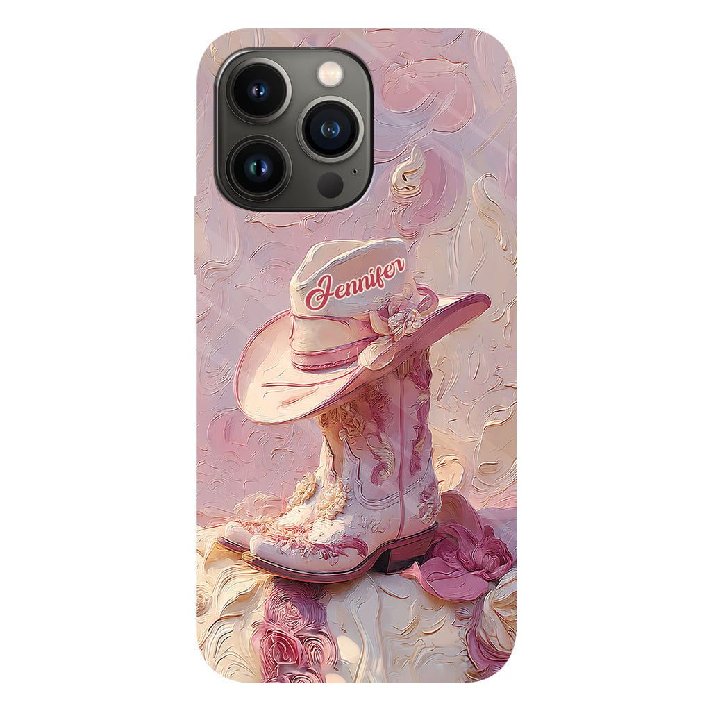 Coque de téléphone et support personnalisés « Cowgirl rose » avec imprimé intégral et support pour téléphone