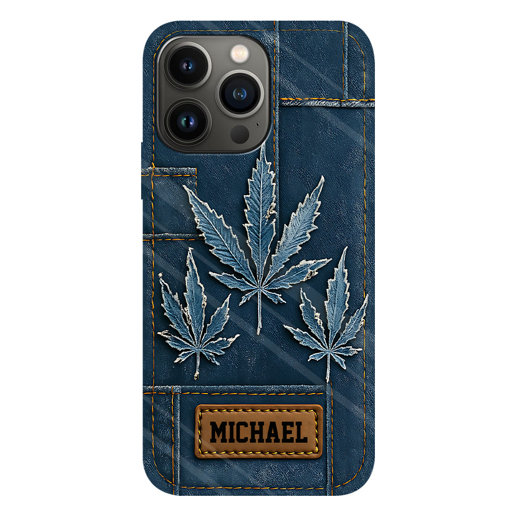 Coque de téléphone personnalisée avec imprimé intégral de marijuana en denim vieilli