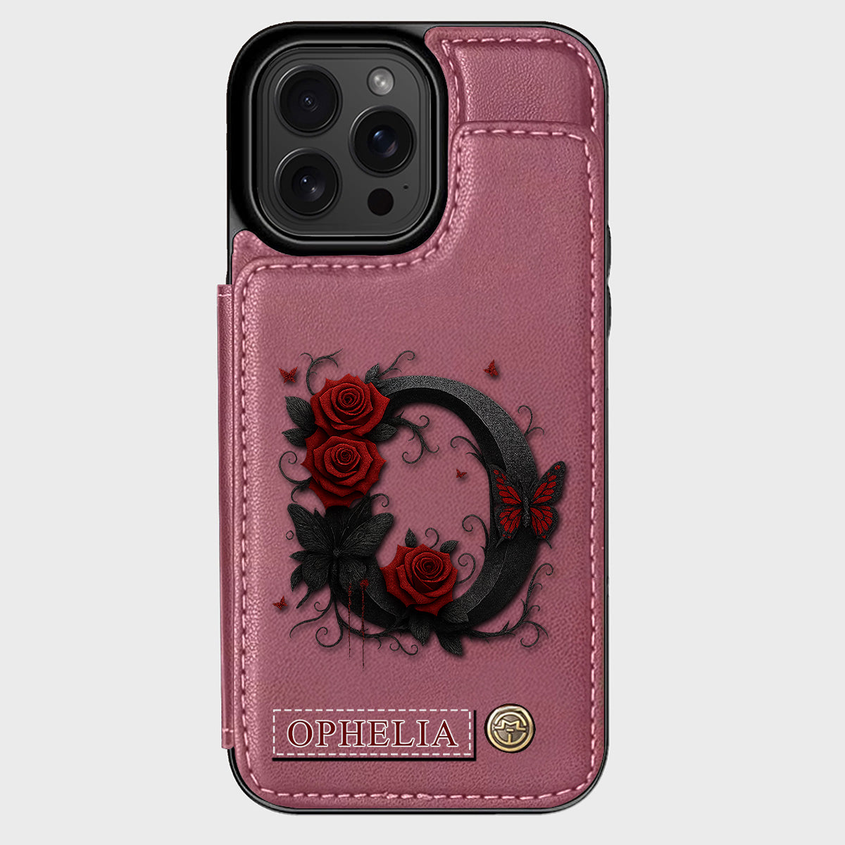 Alphabet Red Rose And Butterflies - Personalized Luxury Wallet Phone Case