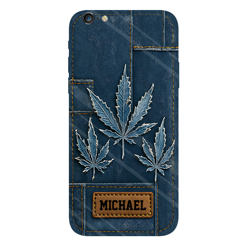 Coque de téléphone personnalisée avec imprimé intégral de marijuana en denim vieilli