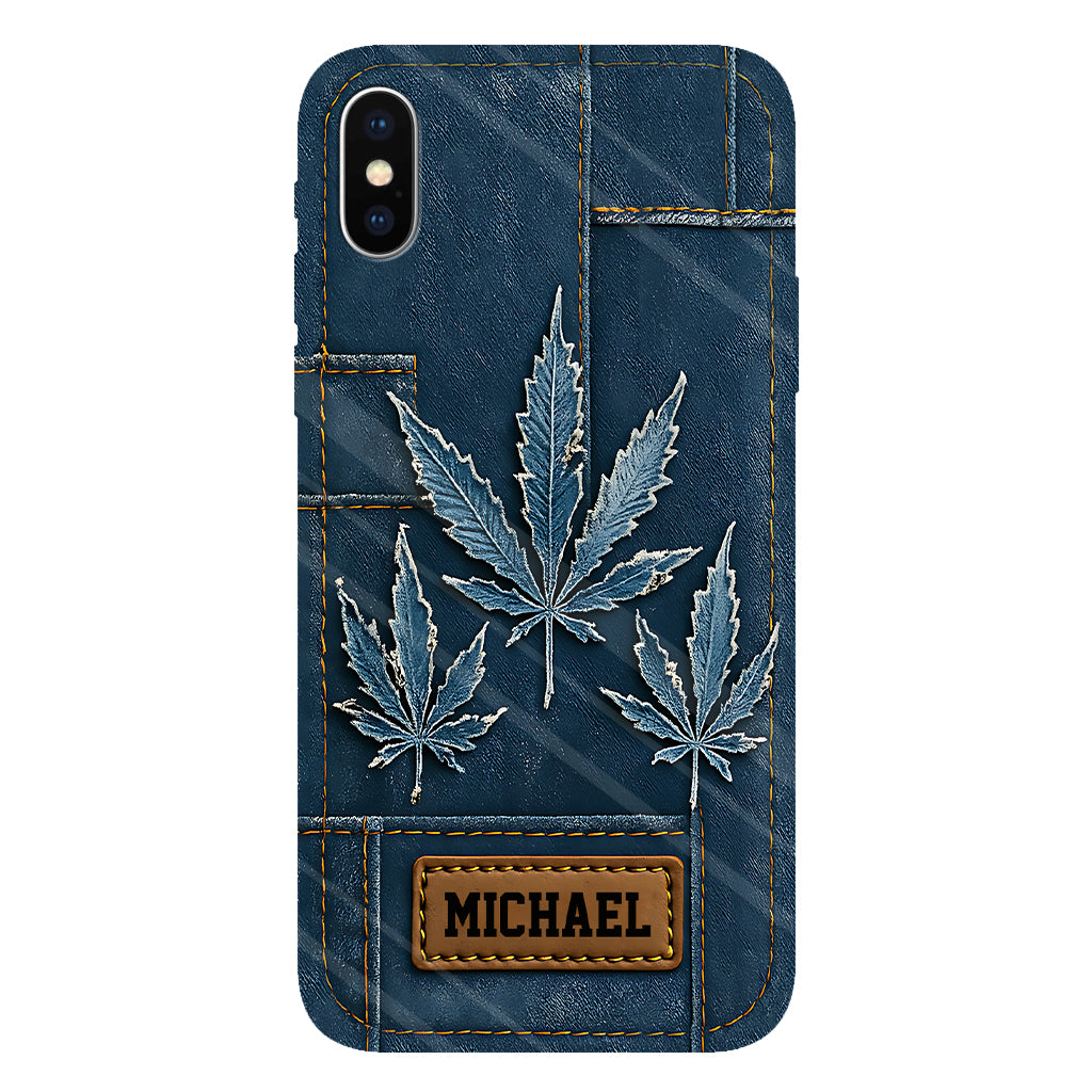 Coque de téléphone personnalisée avec imprimé intégral de marijuana en denim vieilli