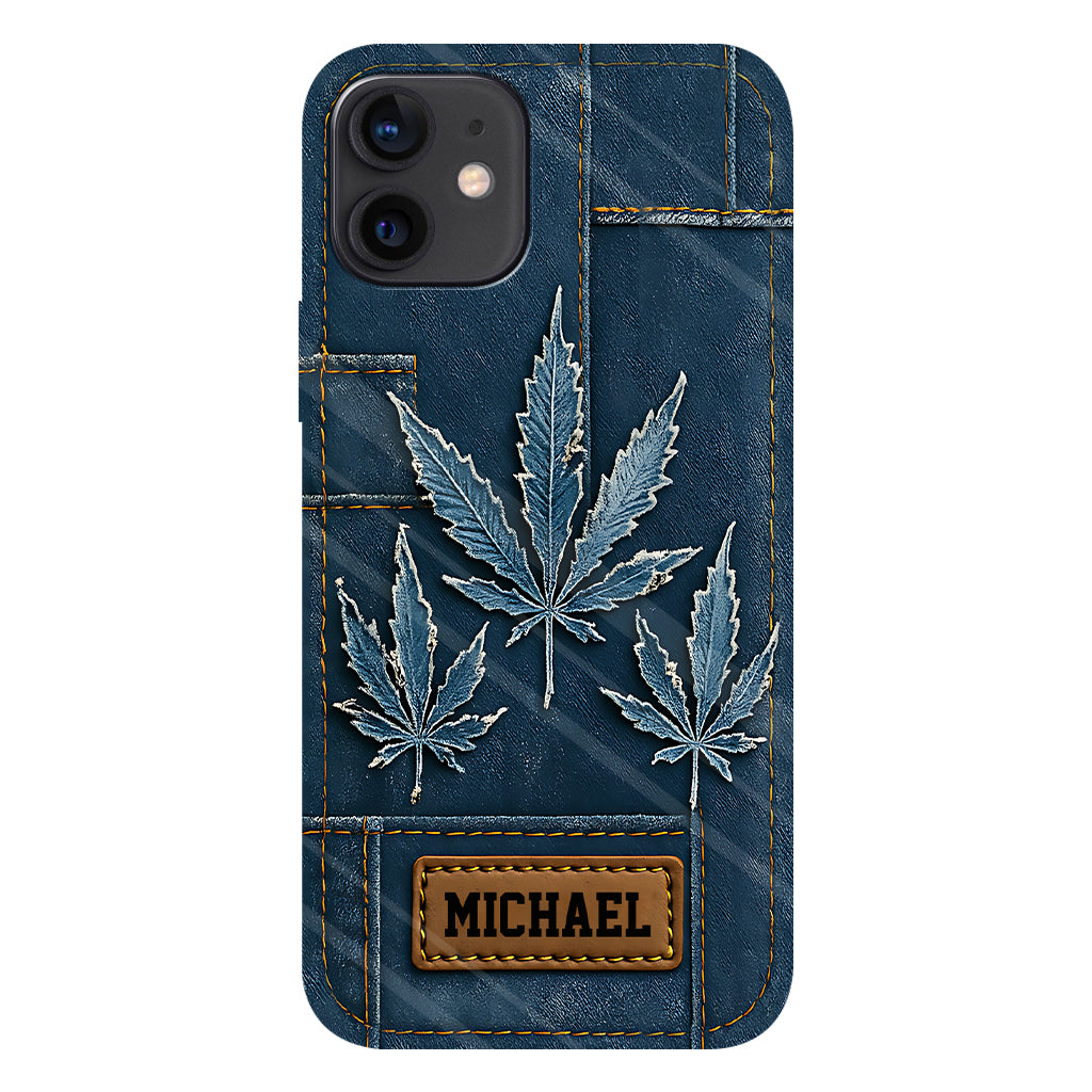 Coque de téléphone personnalisée avec imprimé intégral de marijuana en denim vieilli