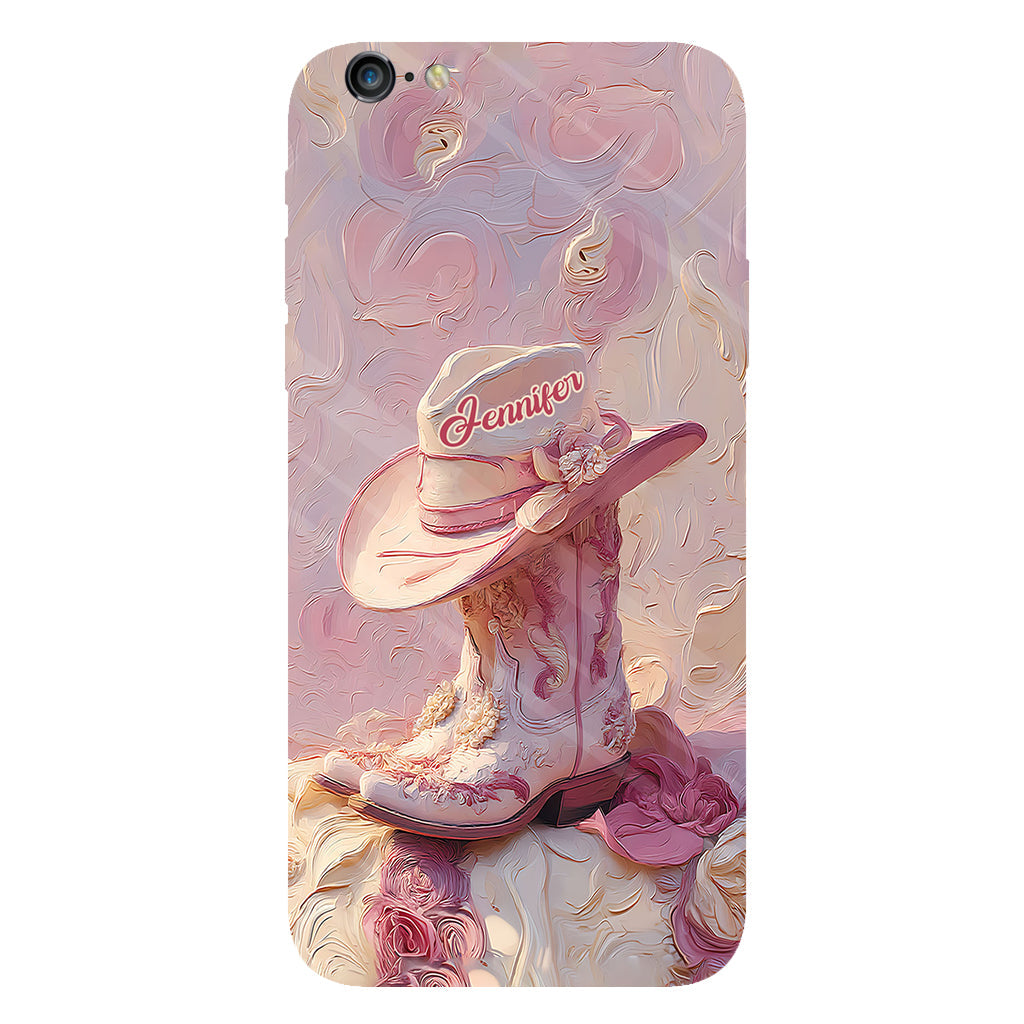 Coque de téléphone et support personnalisés « Cowgirl rose » avec imprimé intégral et support pour téléphone