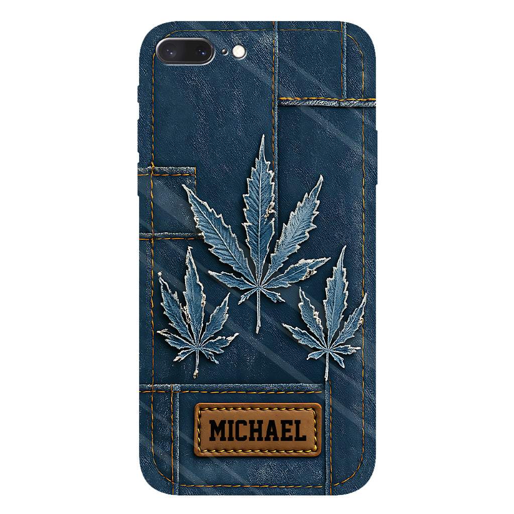 Coque de téléphone personnalisée avec imprimé intégral de marijuana en denim vieilli