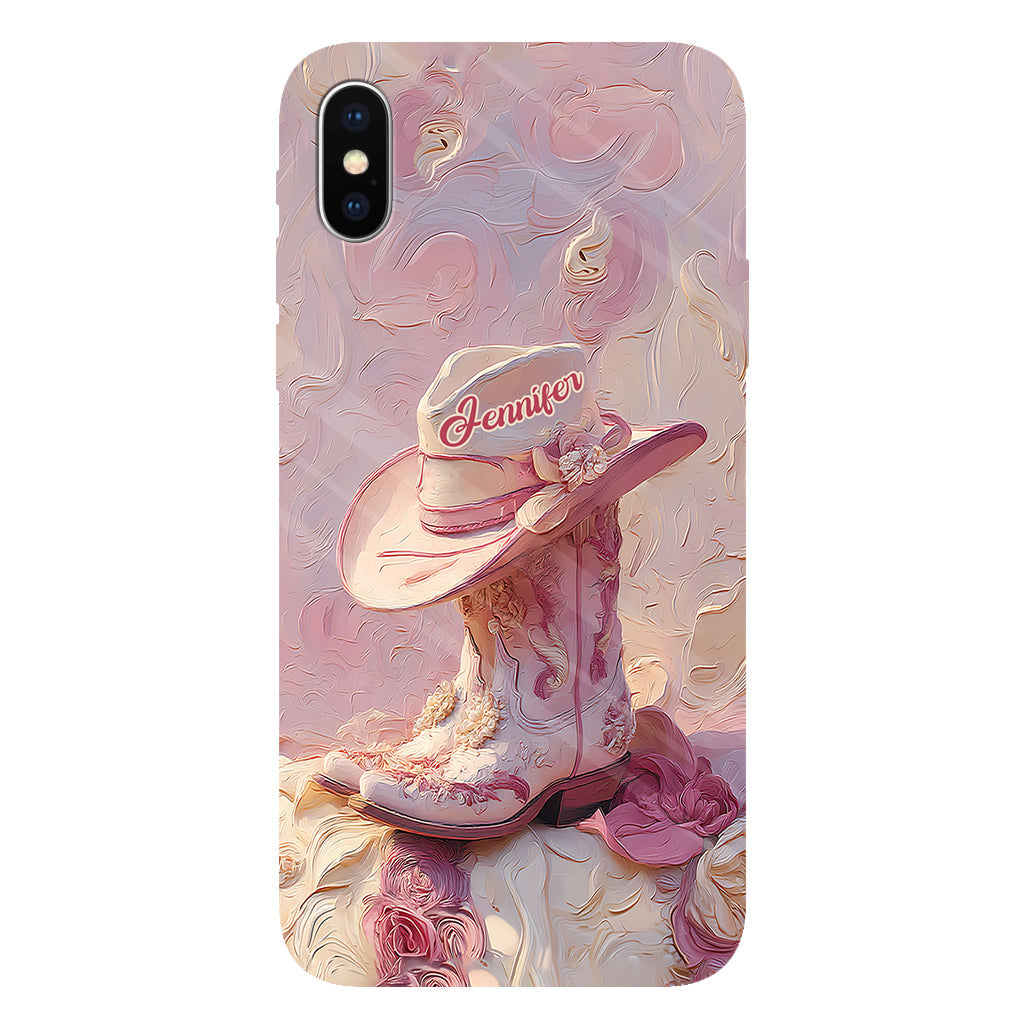 Coque de téléphone et support personnalisés « Cowgirl rose » avec imprimé intégral et support pour téléphone