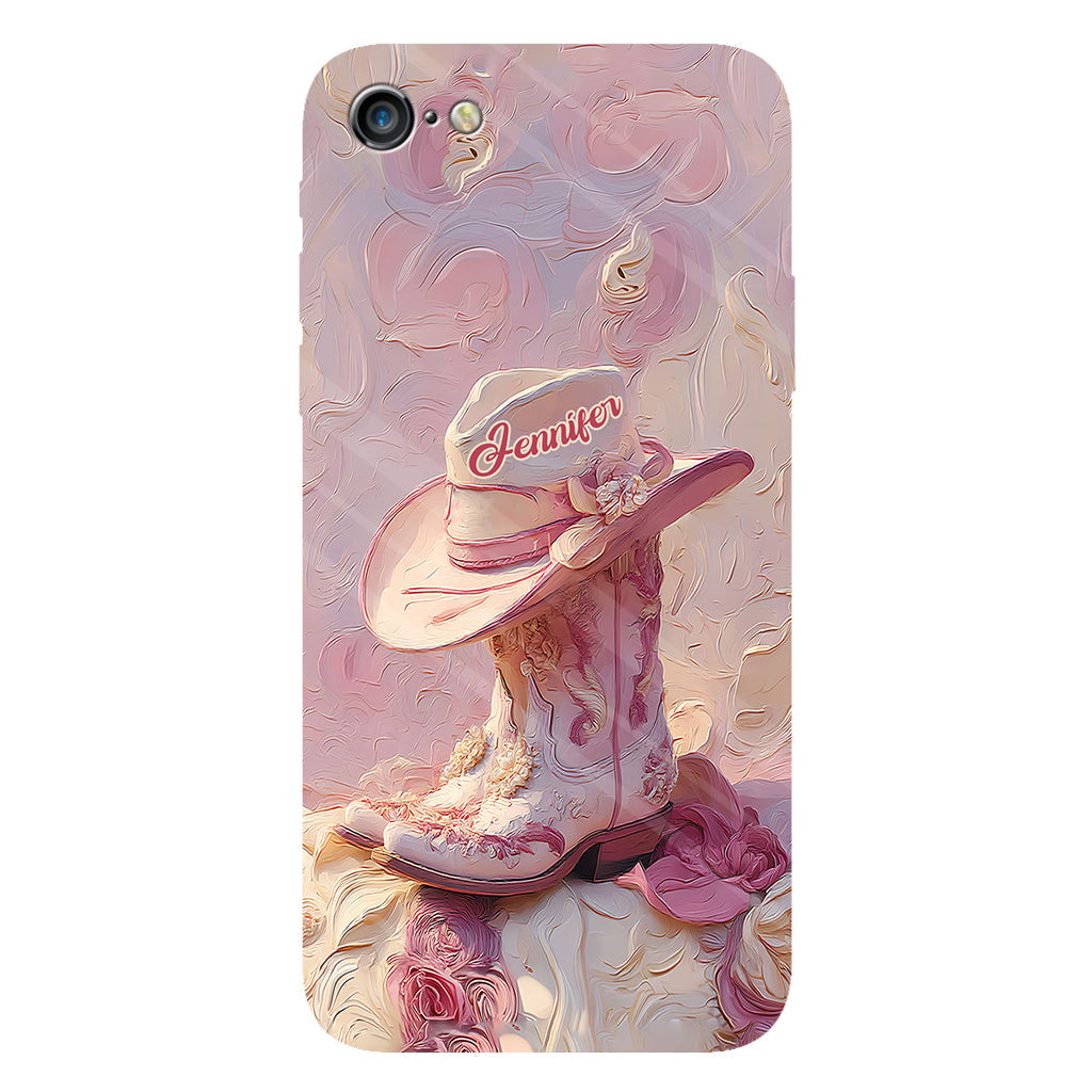 Coque de téléphone et support personnalisés « Cowgirl rose » avec imprimé intégral et support pour téléphone