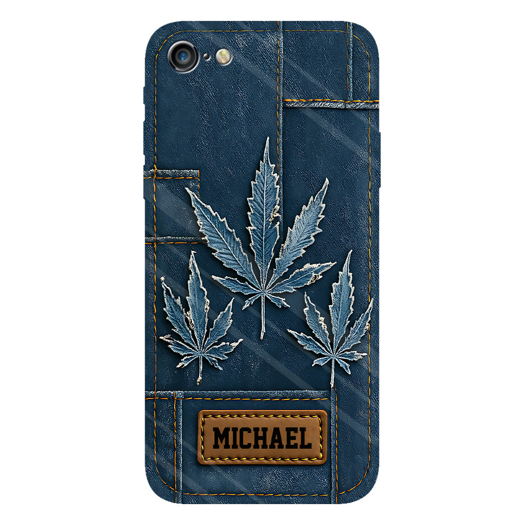 Coque de téléphone personnalisée avec imprimé intégral de marijuana en denim vieilli