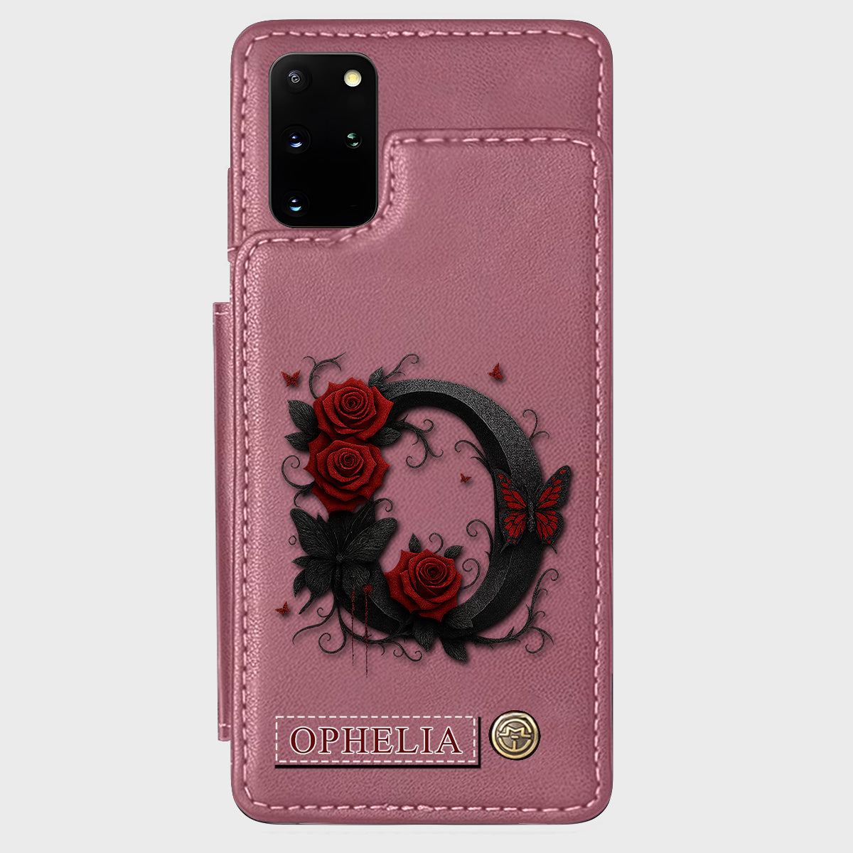 Alphabet Red Rose And Butterflies - Personalized Luxury Wallet Phone Case