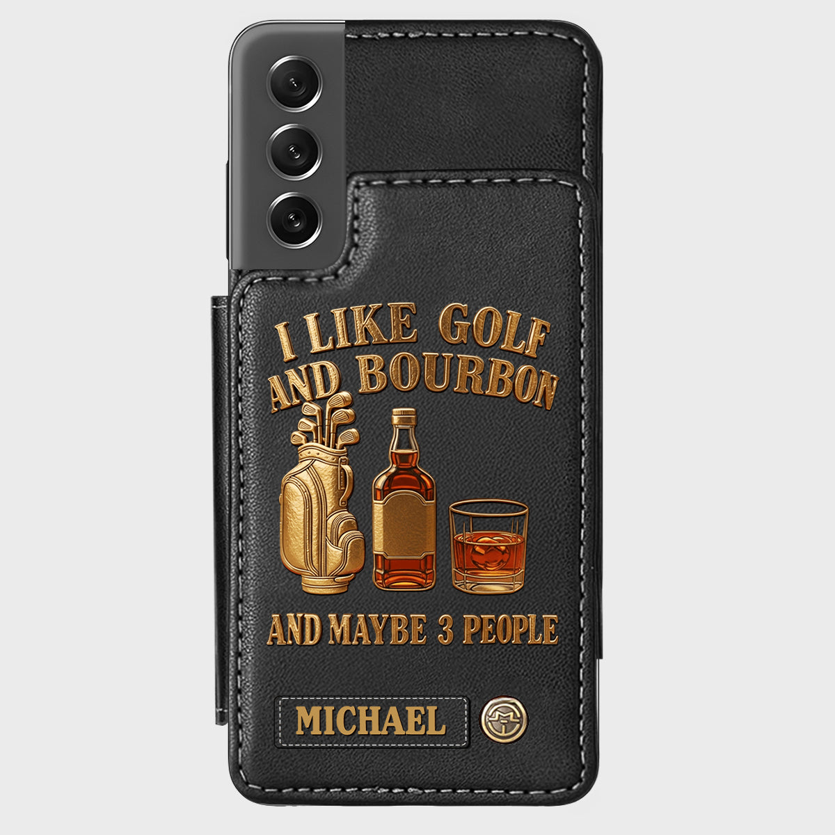 J'aime le golf, le bourbon et peut-être 3 personnes - Étui portefeuille de téléphone personnalisé sur le thème du golf