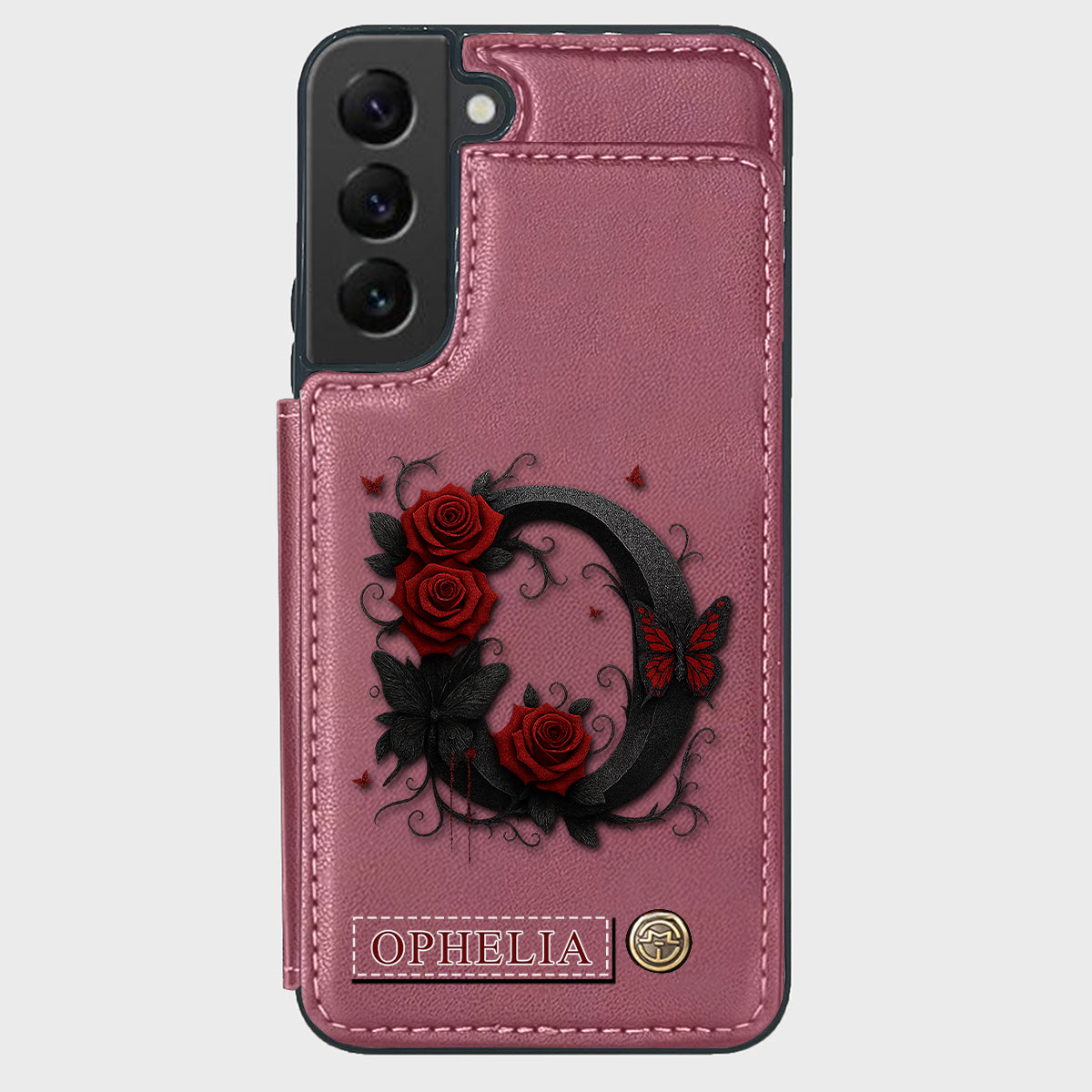 Alphabet Red Rose And Butterflies - Personalized Luxury Wallet Phone Case