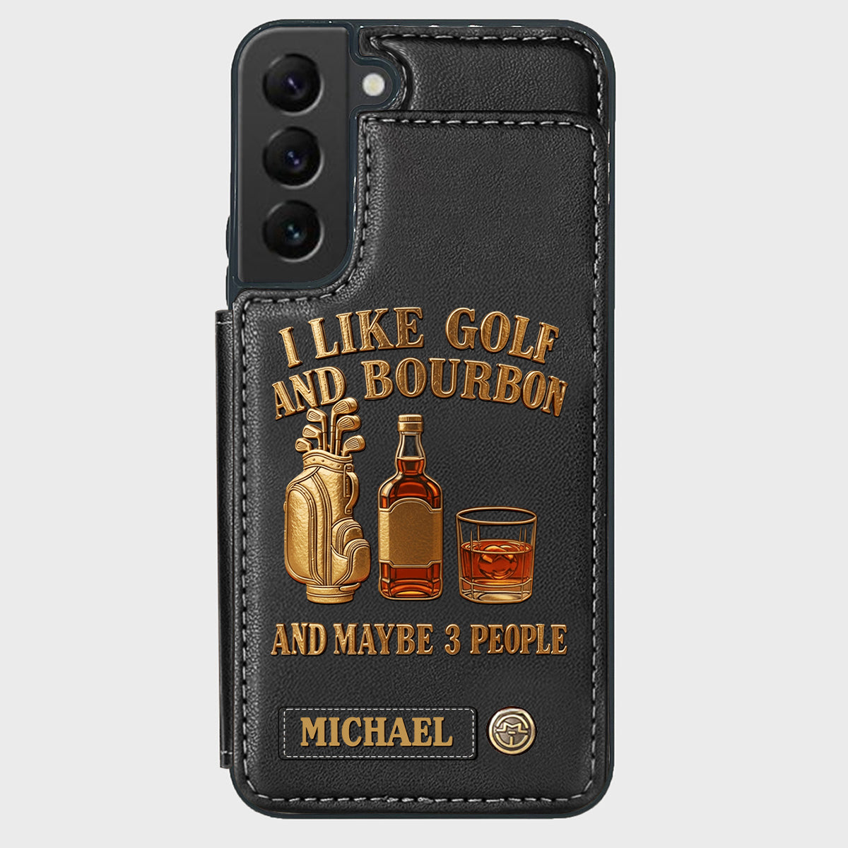 J'aime le golf, le bourbon et peut-être 3 personnes - Étui portefeuille de téléphone personnalisé sur le thème du golf