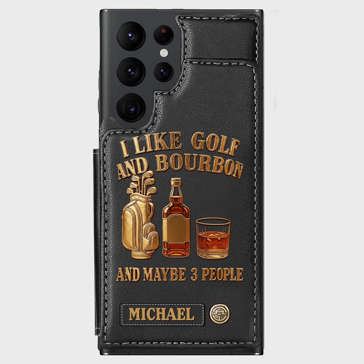 J'aime le golf, le bourbon et peut-être 3 personnes - Étui portefeuille de téléphone personnalisé sur le thème du golf