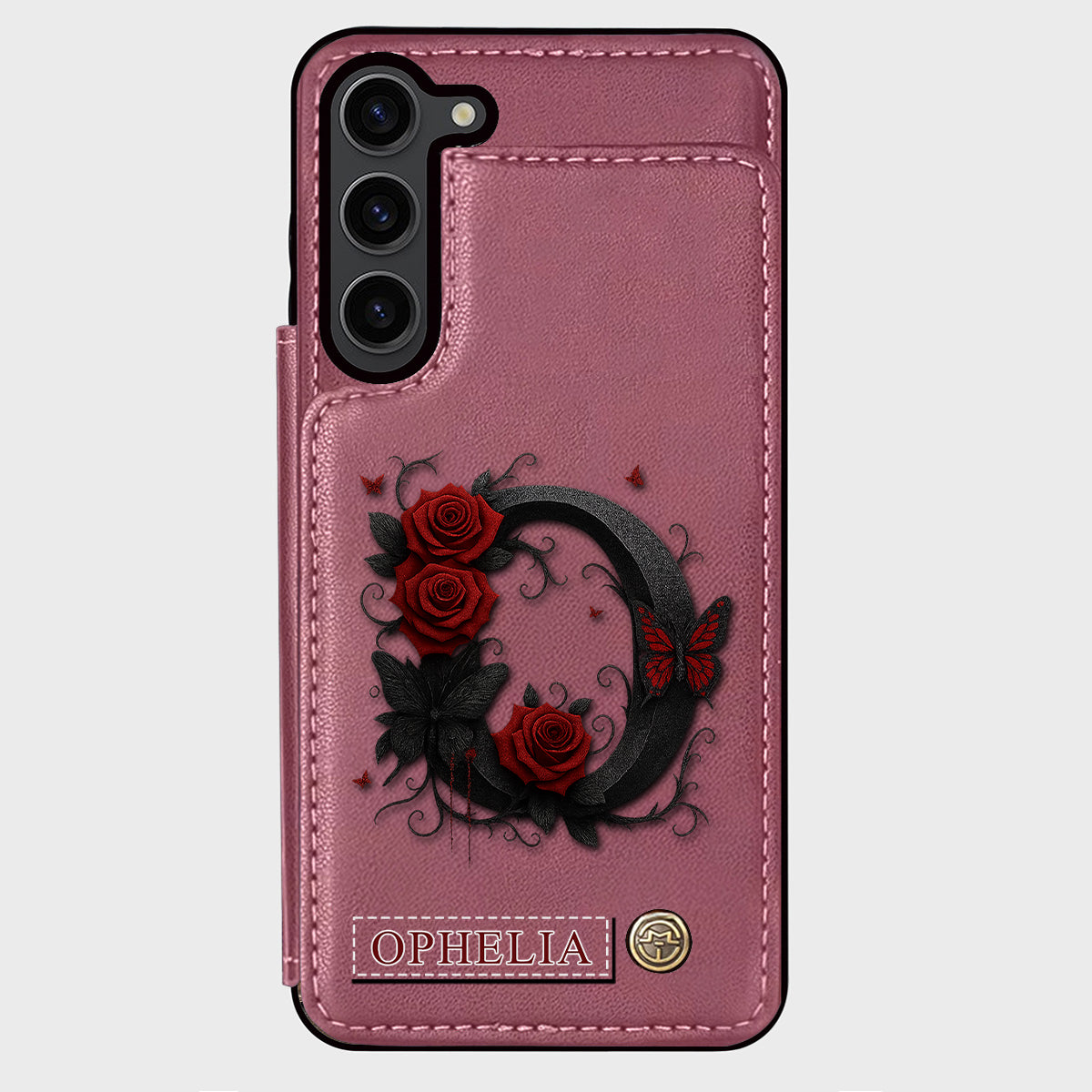 Alphabet Red Rose And Butterflies - Personalized Luxury Wallet Phone Case