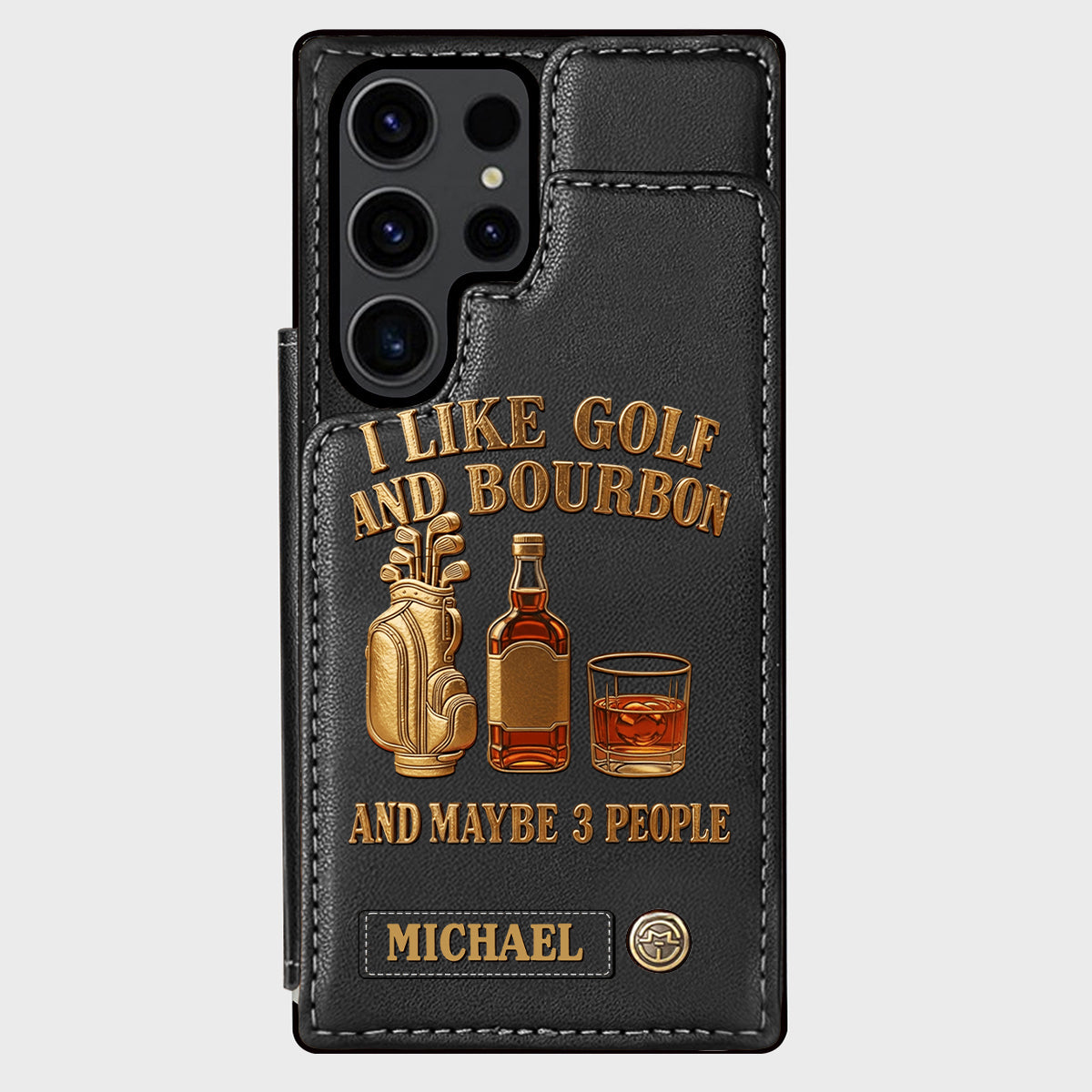J'aime le golf, le bourbon et peut-être 3 personnes - Étui portefeuille de téléphone personnalisé sur le thème du golf