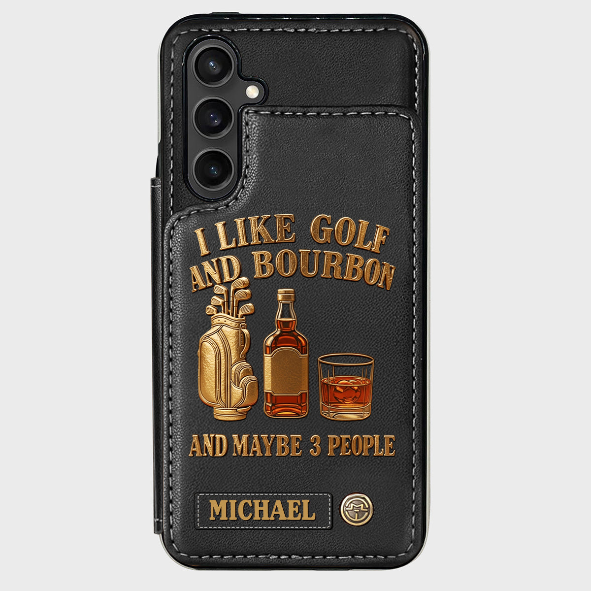 J'aime le golf, le bourbon et peut-être 3 personnes - Étui portefeuille de téléphone personnalisé sur le thème du golf