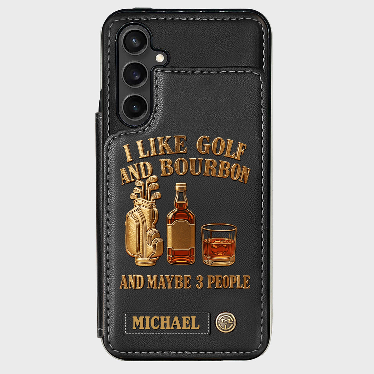 J'aime le golf, le bourbon et peut-être 3 personnes - Étui portefeuille de téléphone personnalisé sur le thème du golf