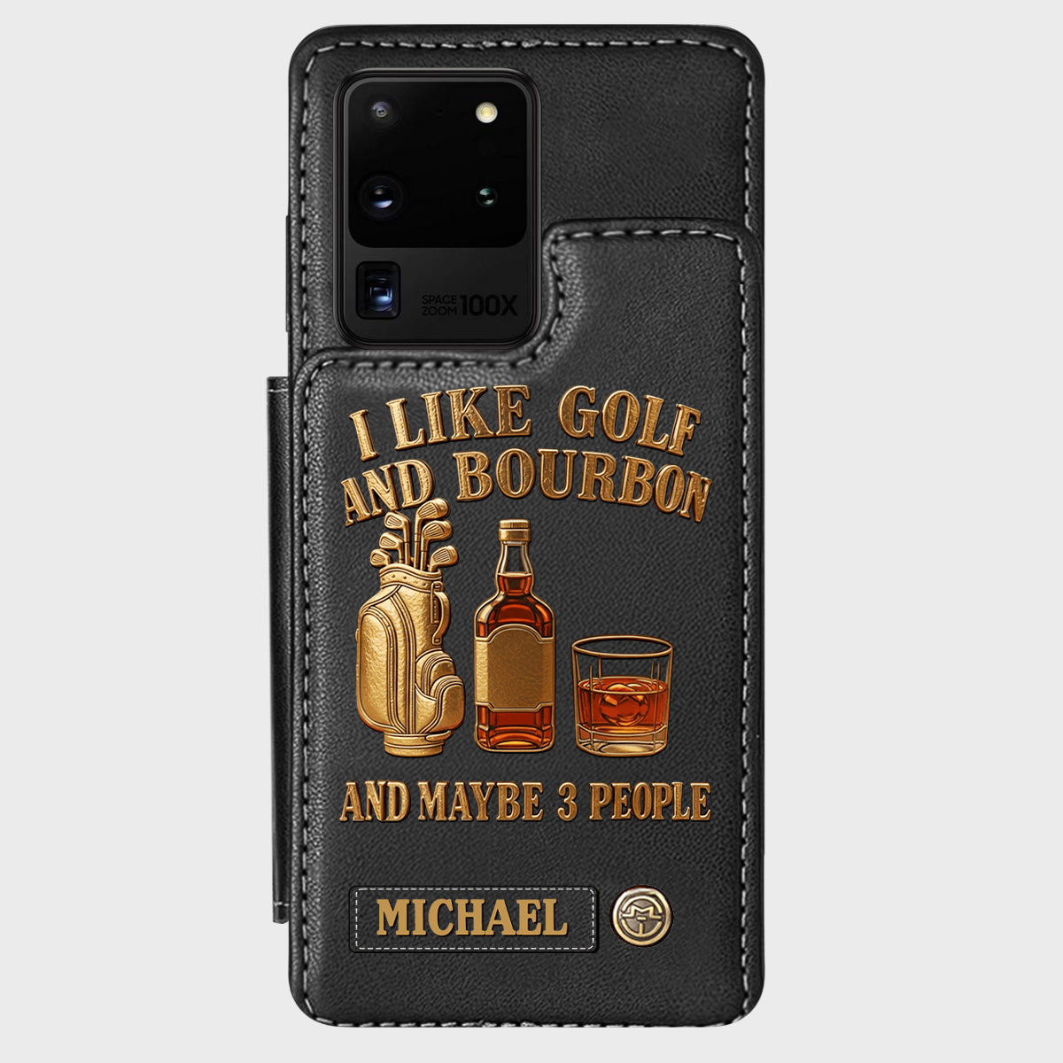 J'aime le golf, le bourbon et peut-être 3 personnes - Étui portefeuille de téléphone personnalisé sur le thème du golf