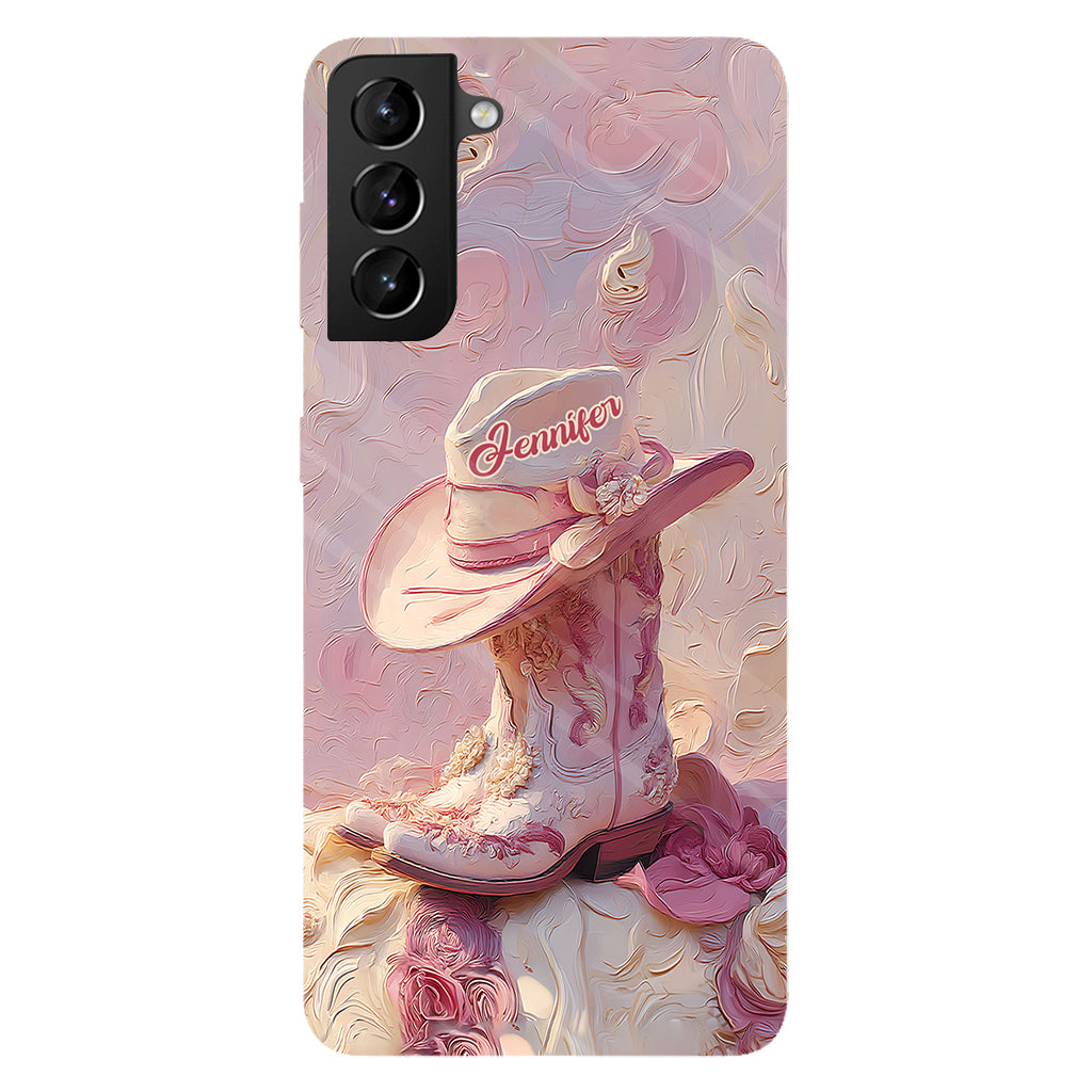 Coque de téléphone et support personnalisés « Cowgirl rose » avec imprimé intégral et support pour téléphone
