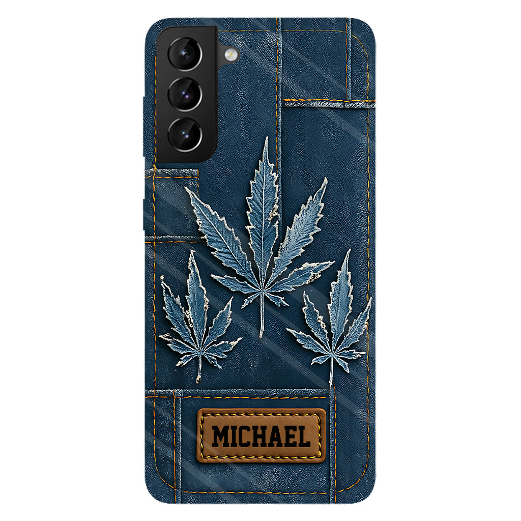 Coque de téléphone personnalisée avec imprimé intégral de marijuana en denim vieilli