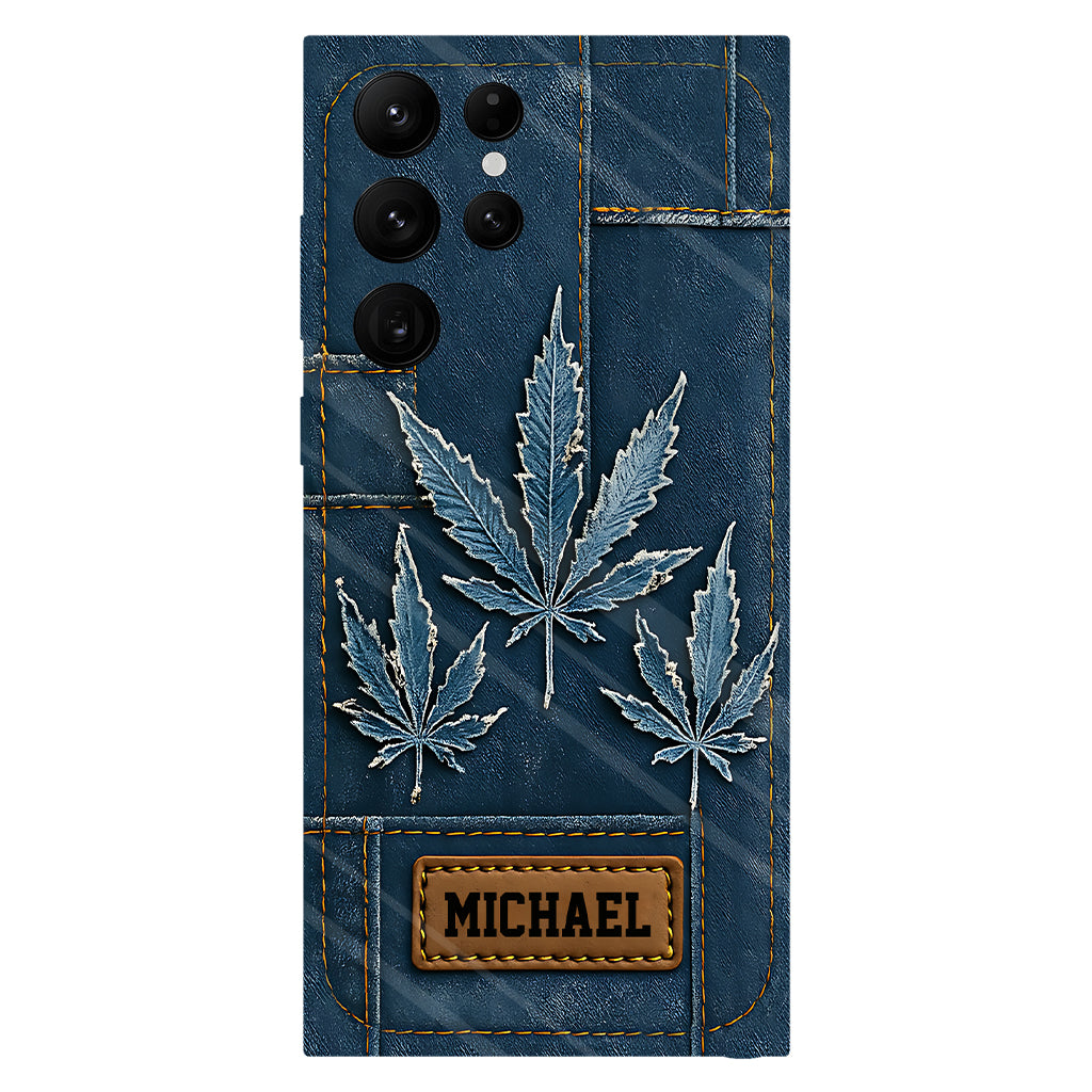 Coque de téléphone personnalisée avec imprimé intégral de marijuana en denim vieilli