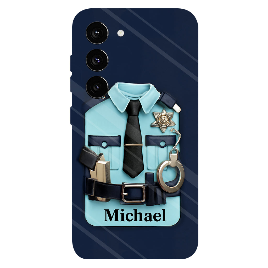 Polizist, Polizeiuniform, Dienstmarke und Handschellen – Personalisierte Handyhülle mit Polizeimotiv und Vollbilddruck