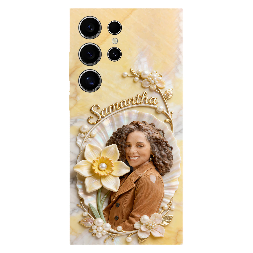 Coque de téléphone personnalisée avec photo et fleur de naissance - Impression intégrale « Amour de soi »