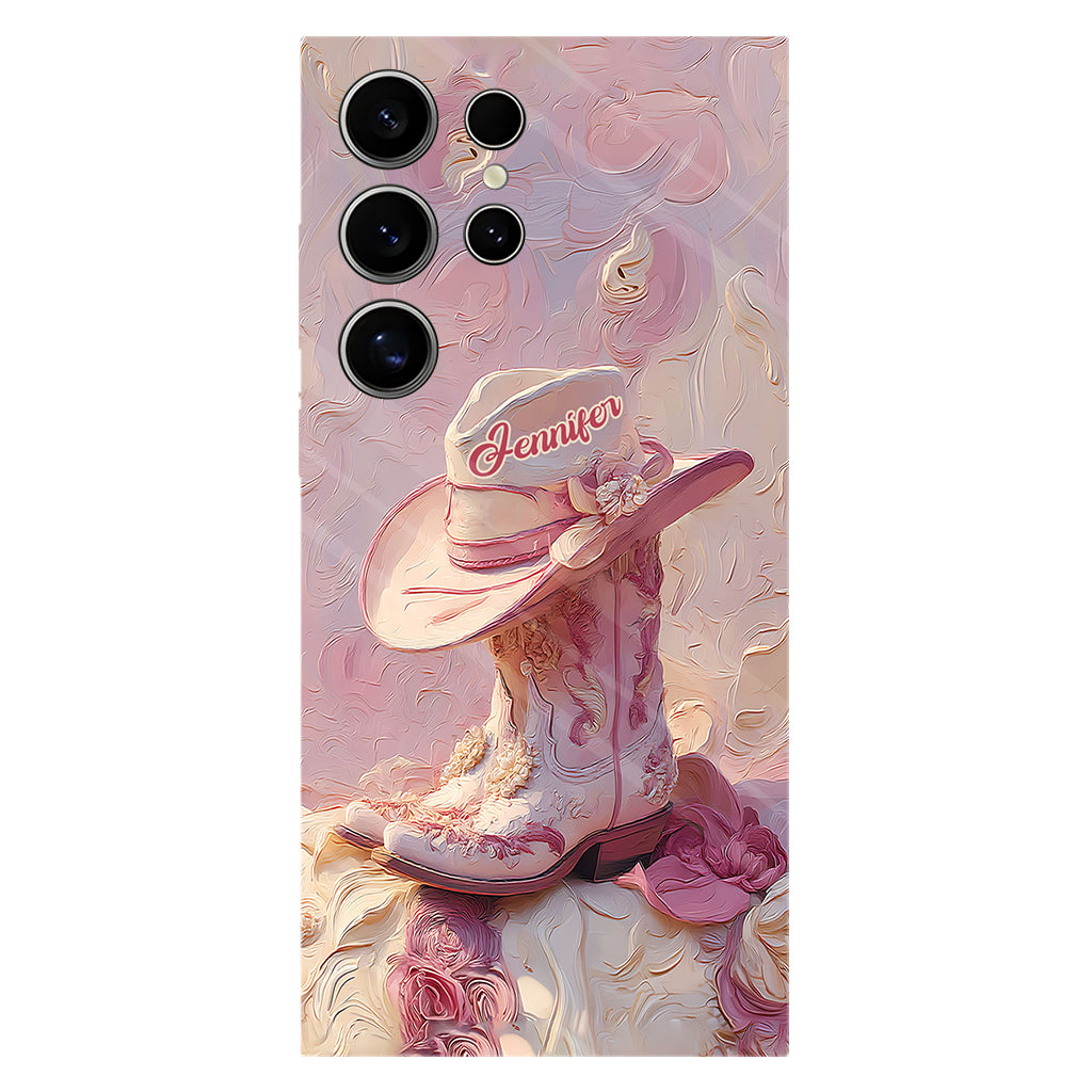 Coque de téléphone et support personnalisés « Cowgirl rose » avec imprimé intégral et support pour téléphone