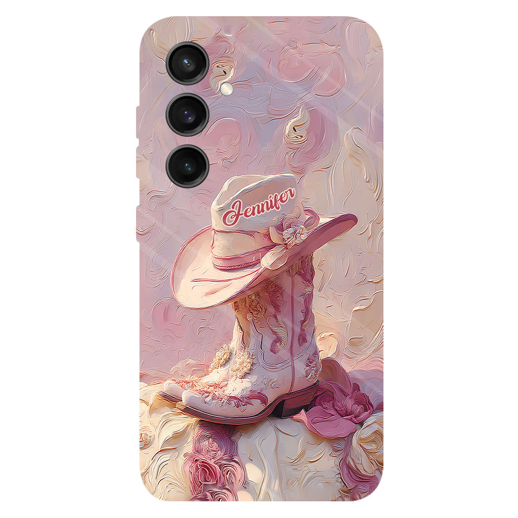 Coque de téléphone et support personnalisés « Cowgirl rose » avec imprimé intégral et support pour téléphone