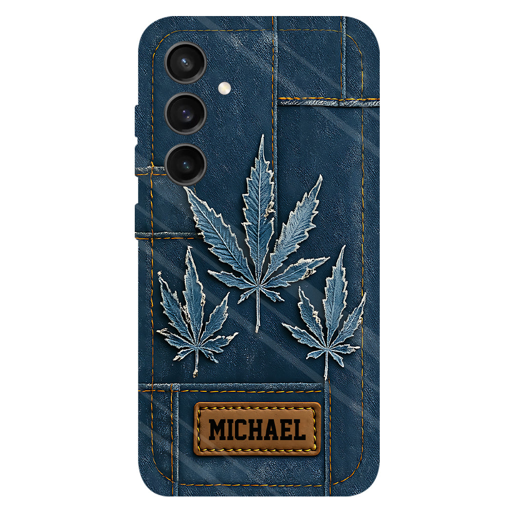 Coque de téléphone personnalisée avec imprimé intégral de marijuana en denim vieilli