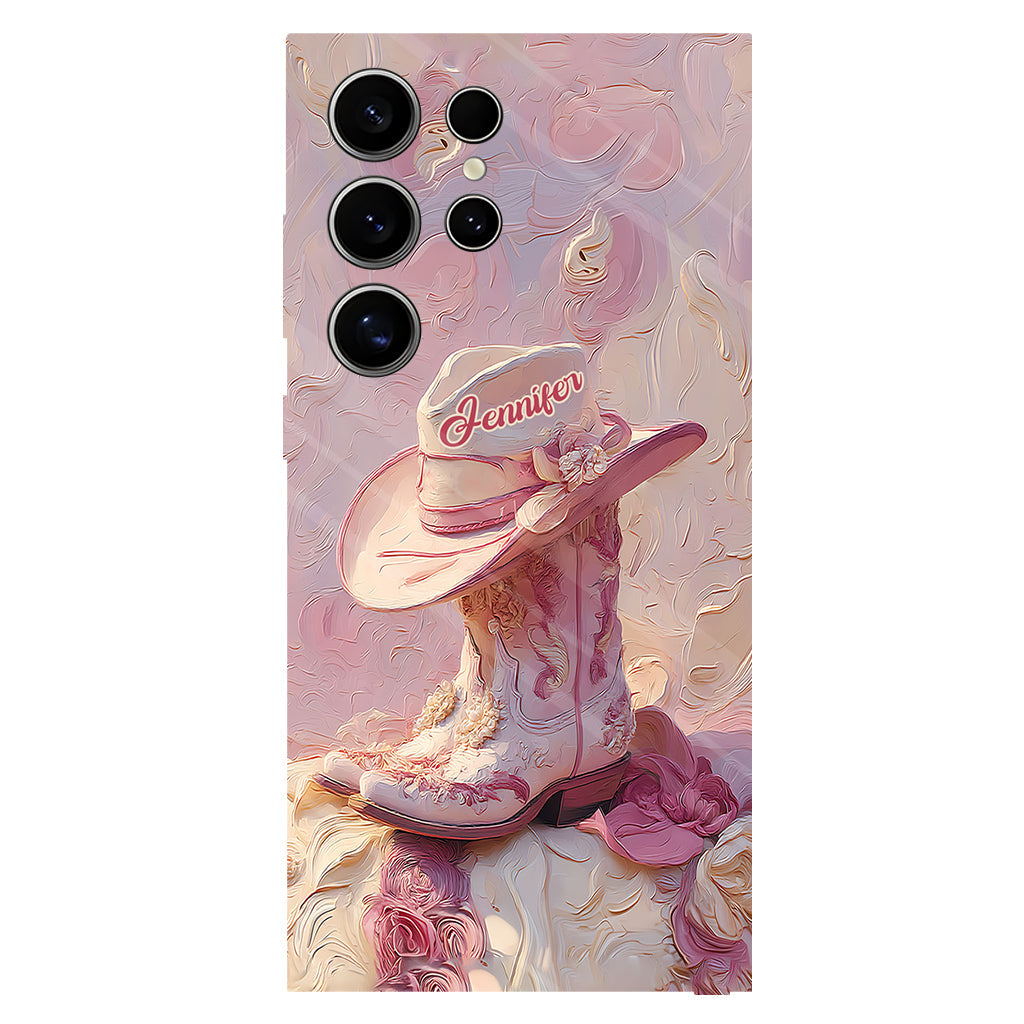 Coque de téléphone et support personnalisés « Cowgirl rose » avec imprimé intégral et support pour téléphone