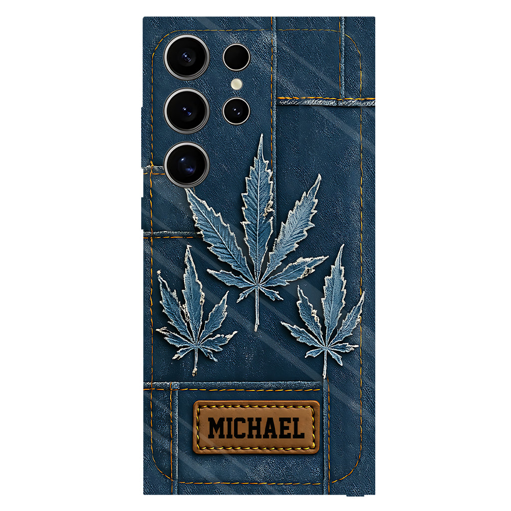 Coque de téléphone personnalisée avec imprimé intégral de marijuana en denim vieilli